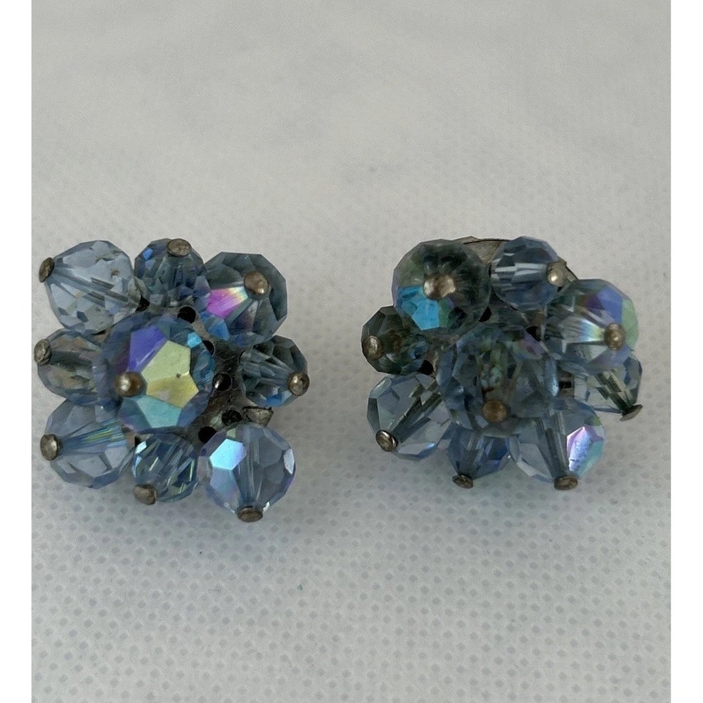 Vintage Cluster Blue crystal Aurora Borealis Clip On Earrings‎